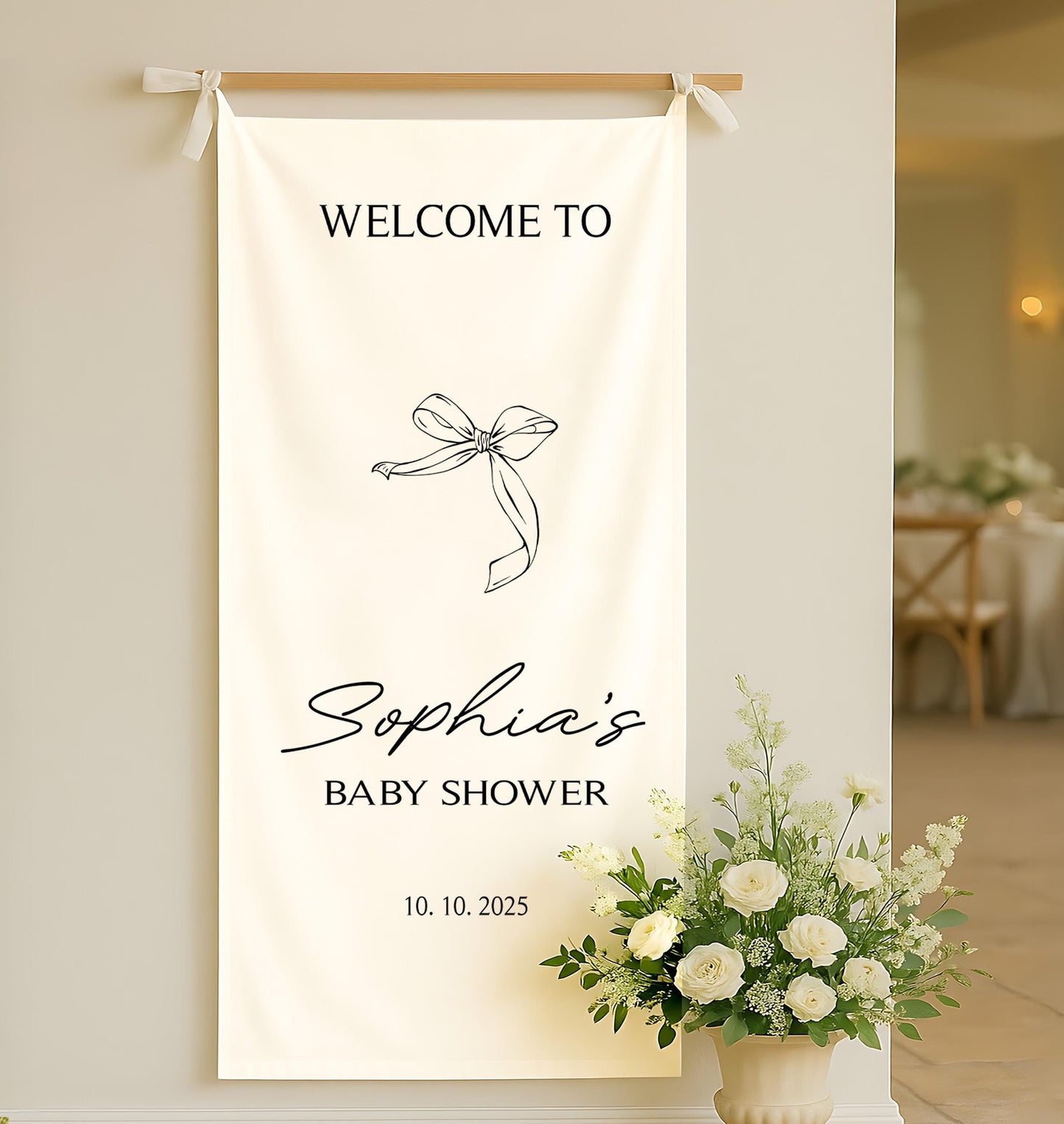Personalized Baby Shower Welcome Linen Banner, Custom Linen Party Sign, Neutral Boho Baby Shower Decoration, Rustic Baby Shower Backdrop