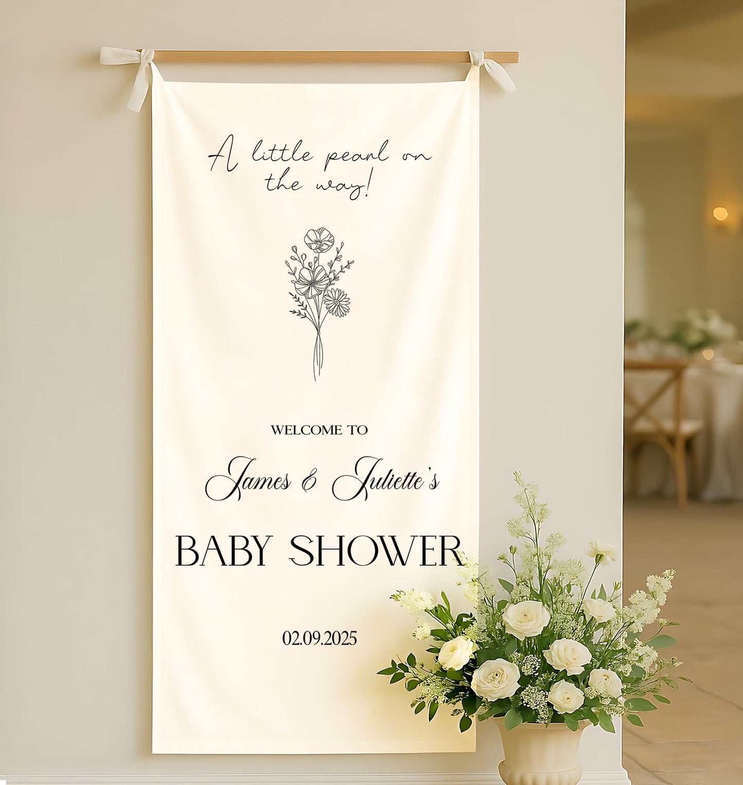 Custom Baby Shower Welcome Banner, Personalized Linen Baby Shower Sign, Neutral Boho Rustic Baby Shower Decoration, Modern Party Backdrop