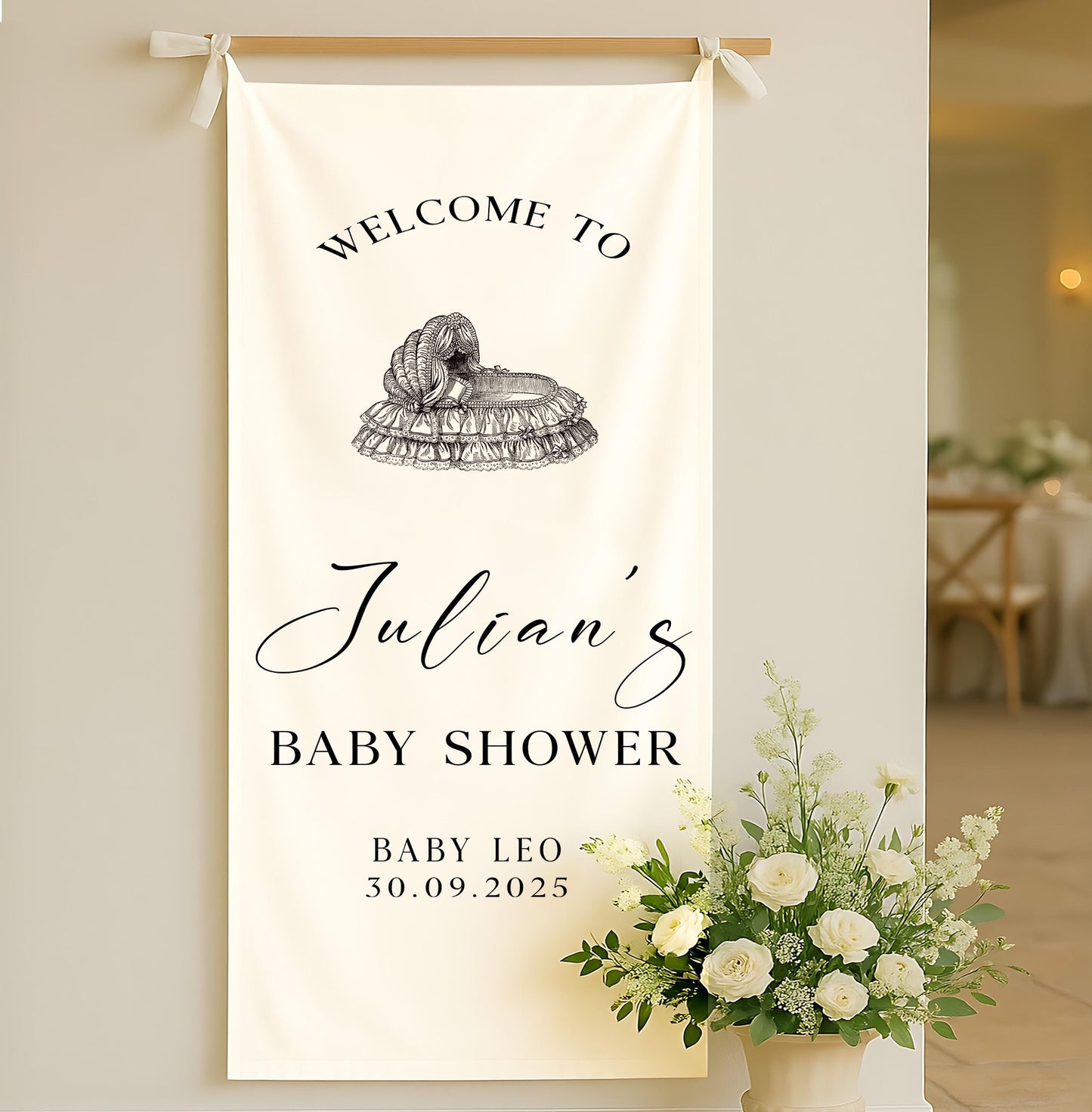 Victorian Baby shower sign, Vintage fabric baby shower banner, Baby Shower linen sign, chiffon baby sprinkle ideas, Gift For her, Mom Gift