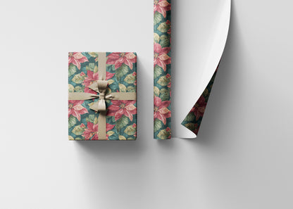 Poinsettia Christmas Wrapping Paper Roll, Watercolor Floral Gift Wrap for Elegant Winter Holiday Packaging #1