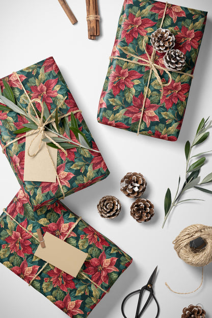 Poinsettia Christmas Wrapping Paper Roll, Watercolor Floral Gift Wrap for Elegant Winter Holiday Packaging #1
