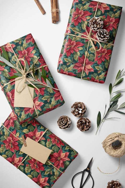 Poinsettia Christmas Wrapping Paper Roll, Watercolor Floral Gift Wrap for Elegant Winter Holiday Packaging #1