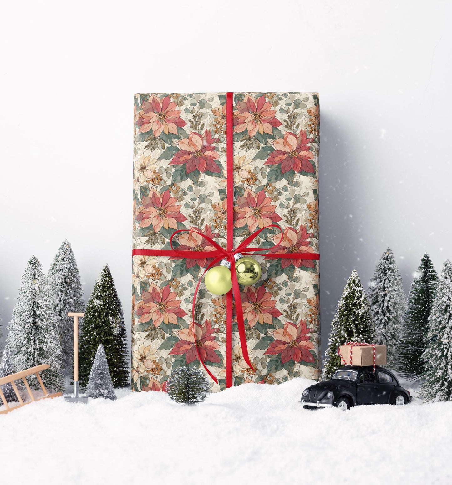 Floral Christmas Wrapping Paper Roll, Watercolor Poinsettia Design for Winter Holiday Gift Wrapping #4