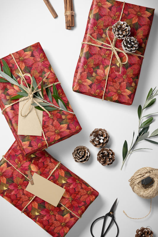 Elegant Poinsettia Wrapping Paper Roll, Christmas Gift Wrap with Watercolor Flowers and Festive Details #5