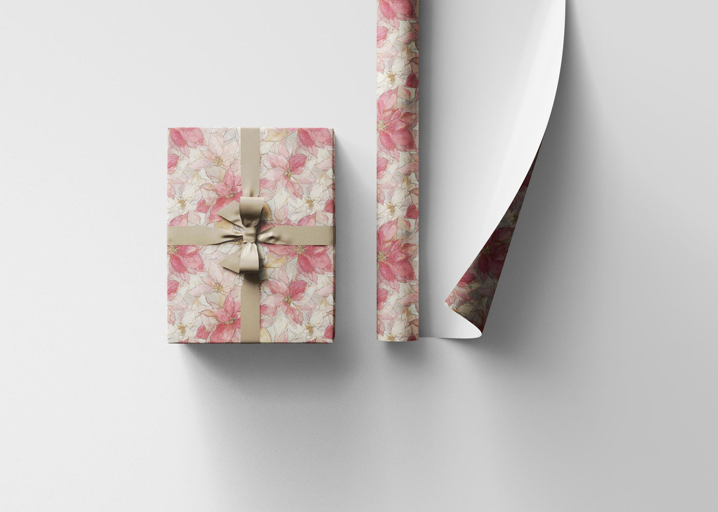 Christmas Gift Wrap with Watercolor Poinsettias, Premium Floral Wrapping Paper Roll for Winter Holidays #8