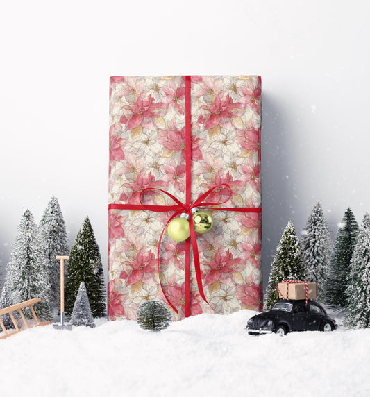 Christmas Gift Wrap with Watercolor Poinsettias, Premium Floral Wrapping Paper Roll for Winter Holidays #8