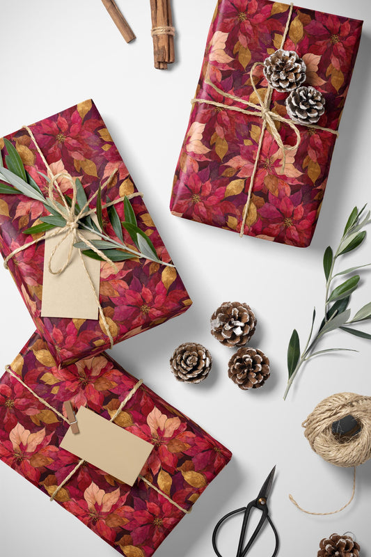 Winter Floral Wrapping Paper Roll, Watercolor Poinsettia Christmas Gift Wrap for Elegant Holiday Presents #7