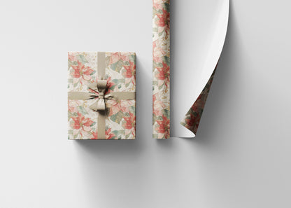 Premium Christmas Wrapping Paper Roll with Watercolor Poinsettias, Elegant Floral Gift Wrap Design #12