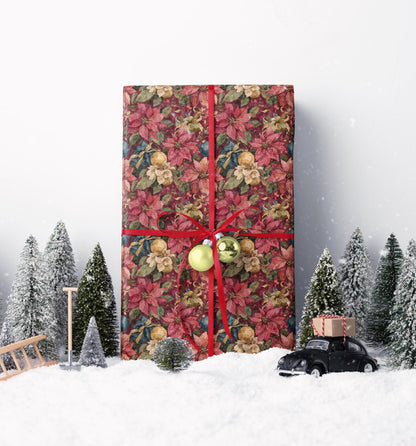 Watercolor Floral Christmas Wrapping Paper Roll, Poinsettia Gift Wrap for Winter Weddings or Holidays #11