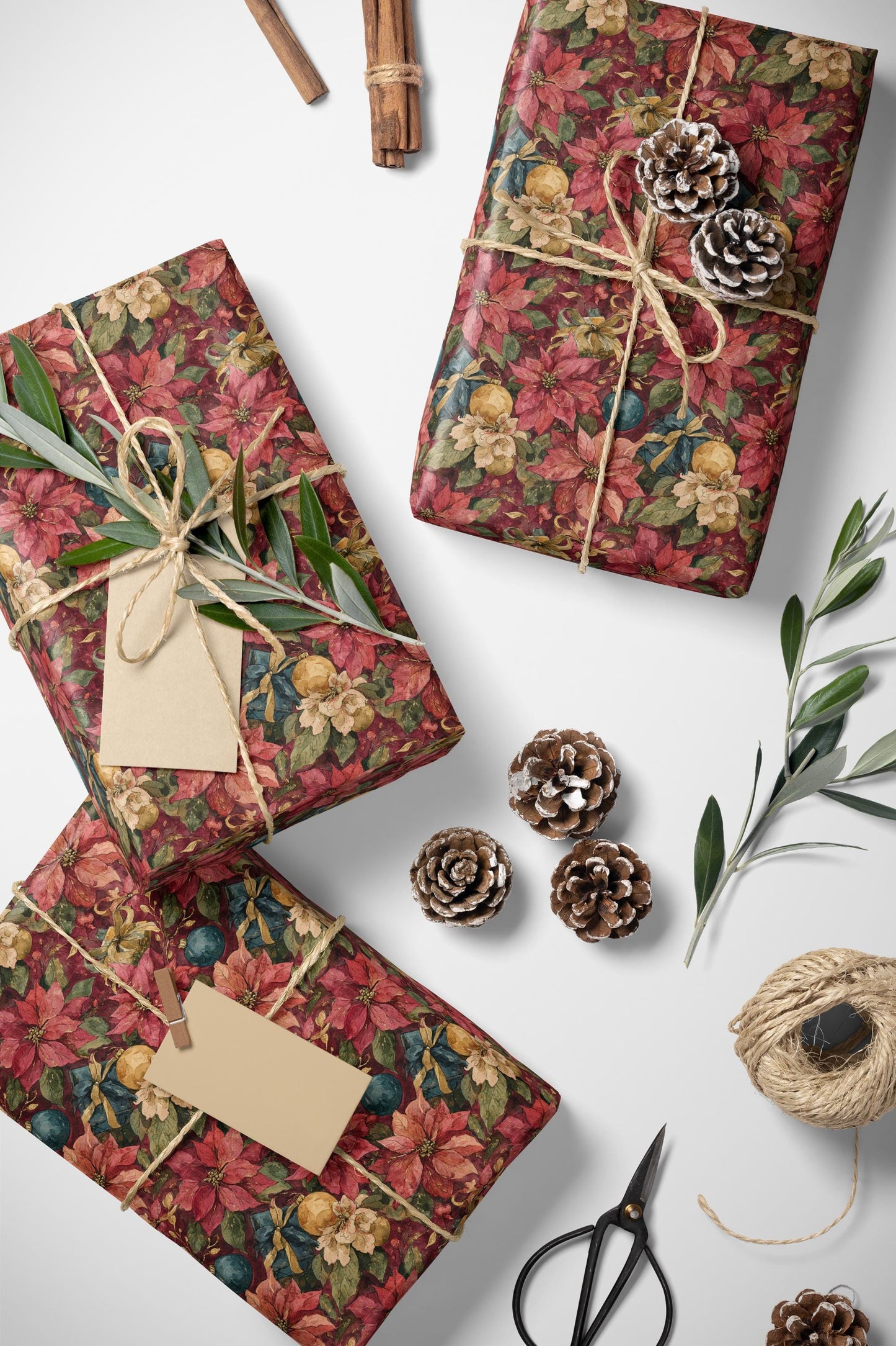 Watercolor Floral Christmas Wrapping Paper Roll, Poinsettia Gift Wrap for Winter Weddings or Holidays #11