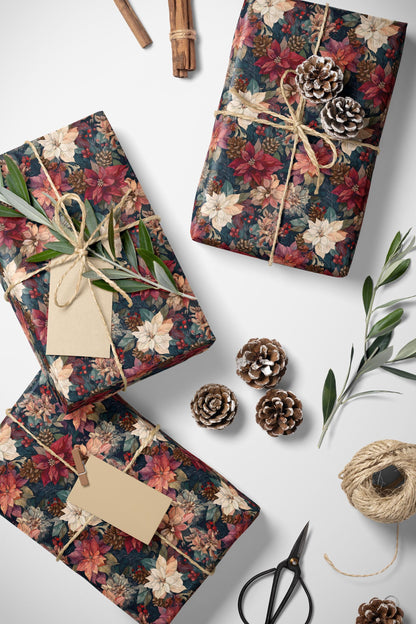 Holiday Wrapping Paper Roll, Watercolor Poinsettia Floral Design for Christmas and Seasonal Gift Wrap #10