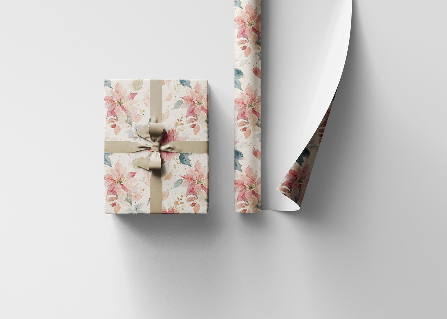 Elegant Watercolor Christmas Wrapping Paper Roll with Poinsettias and Winter Floral Art #16
