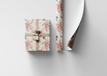 Elegant Watercolor Christmas Wrapping Paper Roll with Poinsettias and Winter Floral Art #16