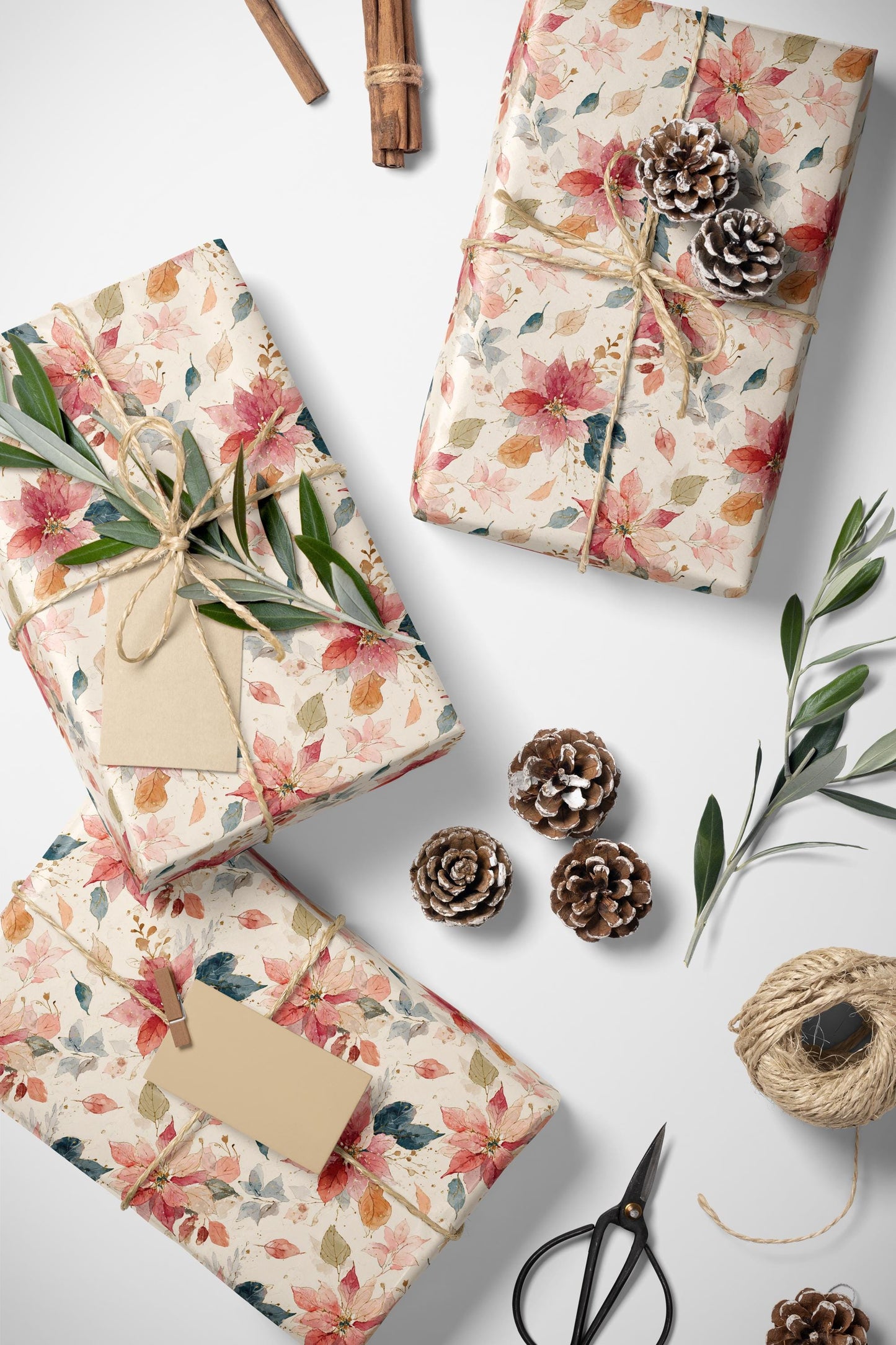 Elegant Watercolor Christmas Wrapping Paper Roll with Poinsettias and Winter Floral Art #16