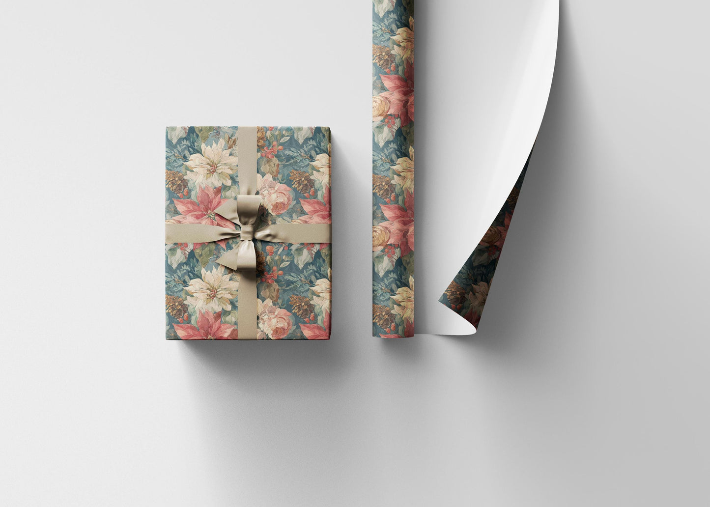 Red Poinsettia Wrapping Paper Roll, Elegant Christmas Gift Wrap for Holiday Packaging and Winter Decor #9