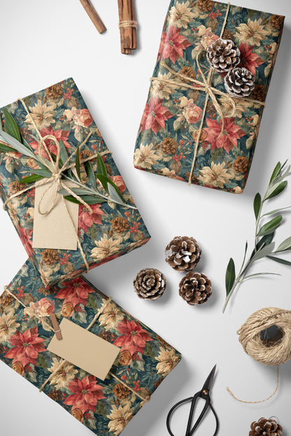 Red Poinsettia Wrapping Paper Roll, Elegant Christmas Gift Wrap for Holiday Packaging and Winter Decor #9