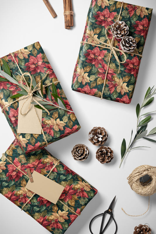 Watercolor Poinsettia Christmas Wrapping Paper Roll, Elegant Red Floral Gift Wrap for Holiday Packaging #3