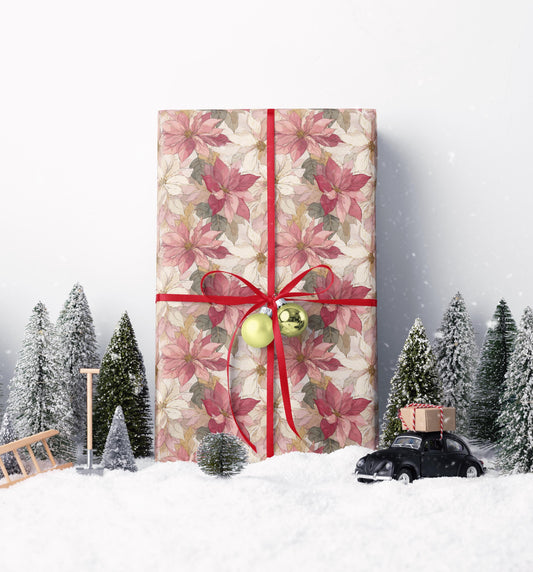 Poinsettia Floral Christmas Wrapping Paper Roll, Watercolor Winter Gift Wrap for Holiday Presents #19