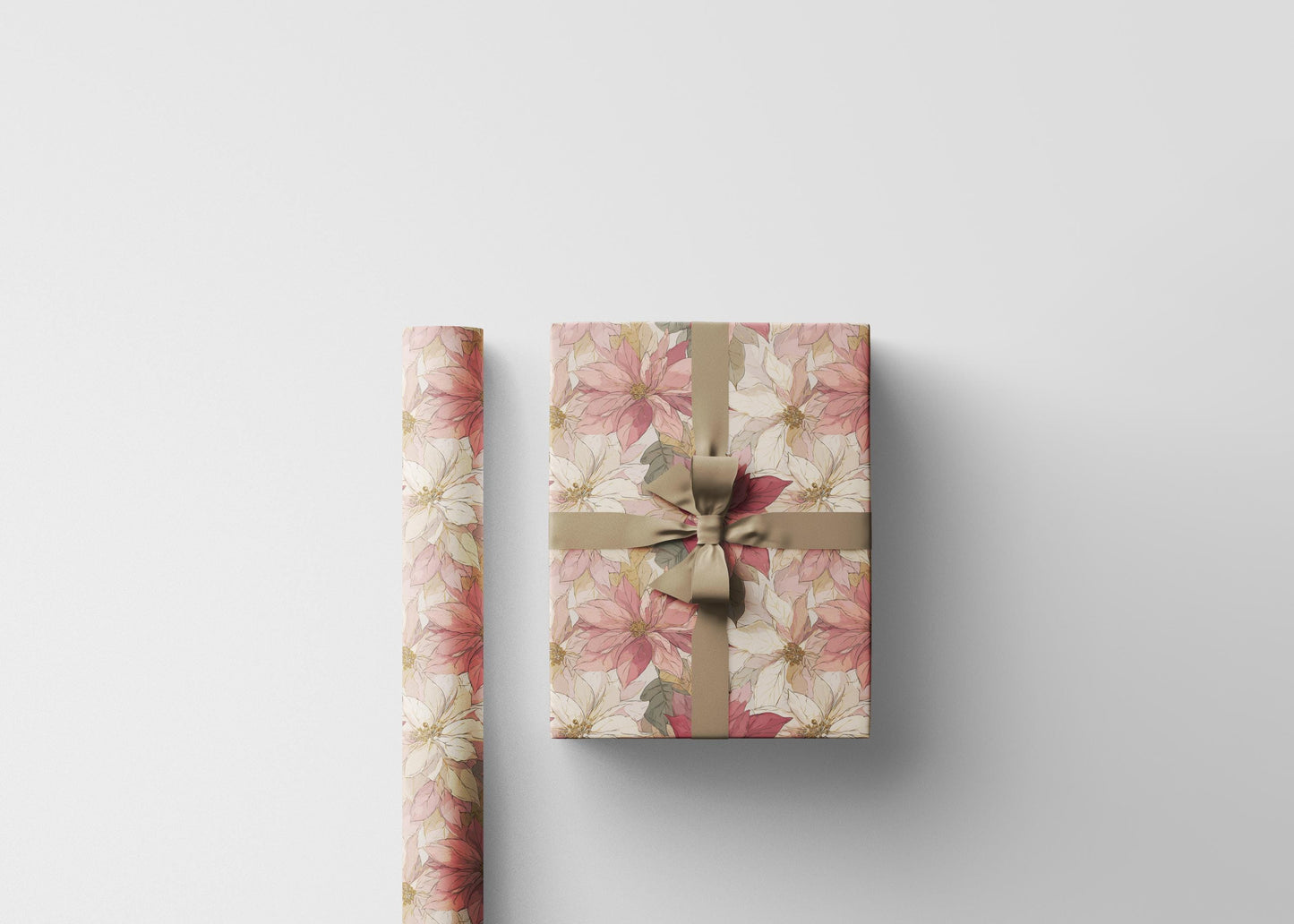 Poinsettia Floral Christmas Wrapping Paper Roll, Watercolor Winter Gift Wrap for Holiday Presents #19