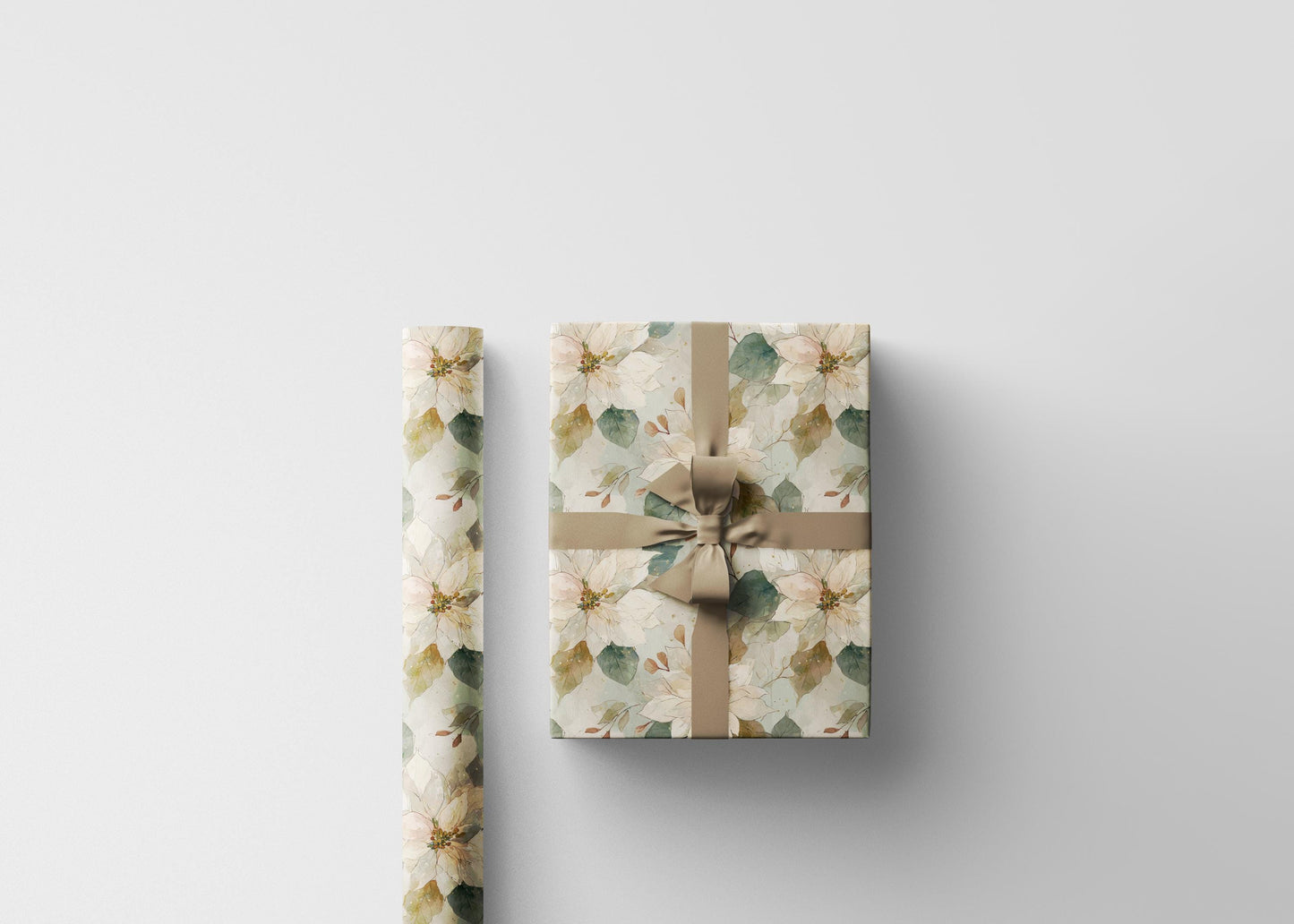 Watercolor Christmas Wrapping Paper Roll with Poinsettia Flowers, Elegant Winter Gift Wrap Idea #18