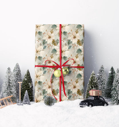 Watercolor Christmas Wrapping Paper Roll with Poinsettia Flowers, Elegant Winter Gift Wrap Idea #18