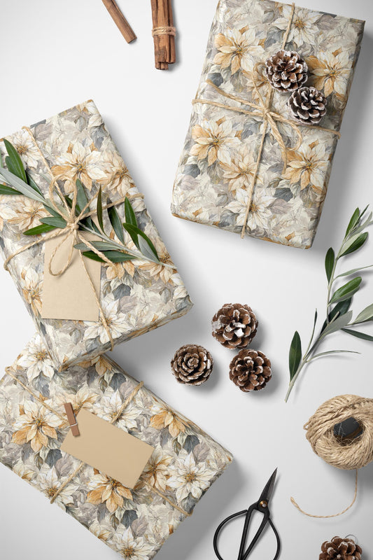 Poinsettia Watercolor Christmas Wrapping Paper Roll, Elegant Floral Gift Wrap for Holiday Season #24