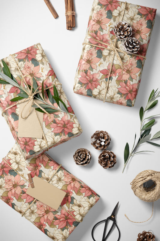 Watercolor Poinsettia Gift Wrap Roll, Premium Christmas Wrapping Paper for Elegant Holiday Decor #20