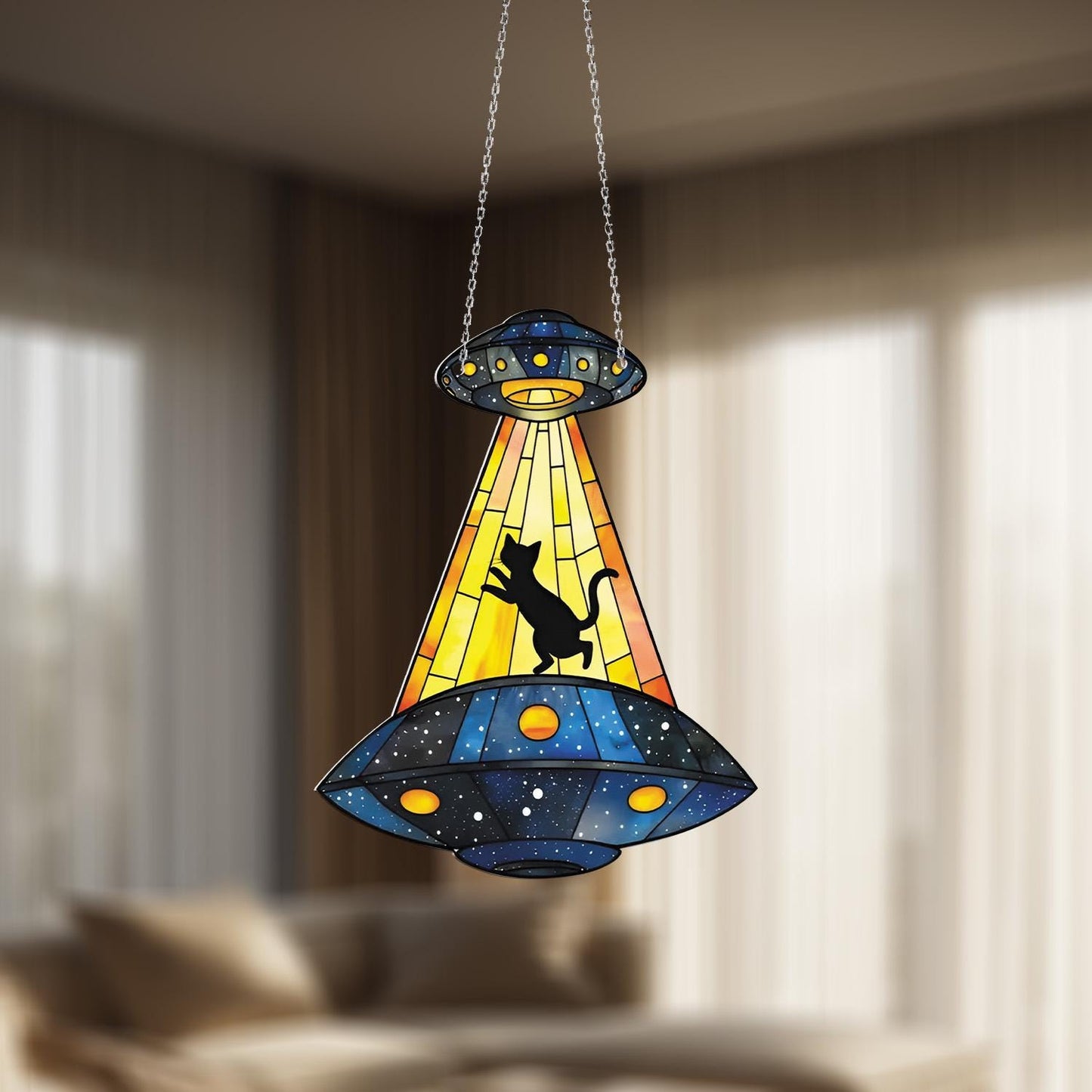 UFO Cat Abduction Window Hanging Decoration, Alien Spaceship Decor for Cat Lovers, Funny Room Accent for Halloween, Space or Sci-Fi Themes