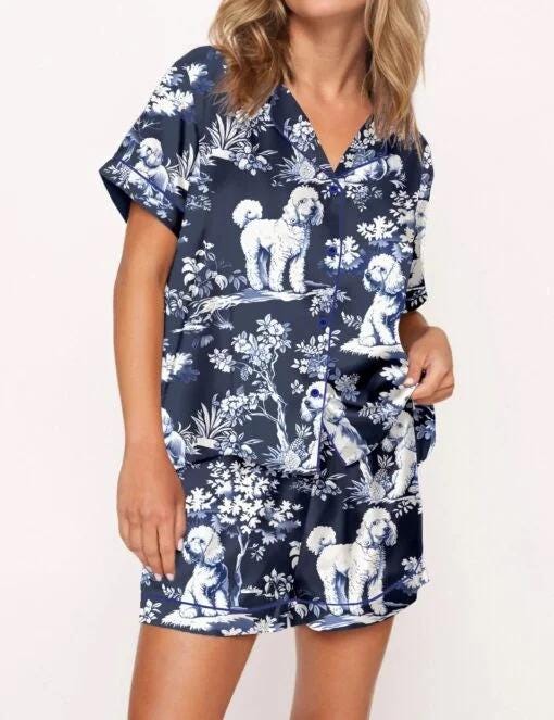 Blue Poodle Dog Silky Satin Pajama Set For Women  Pajamas Set