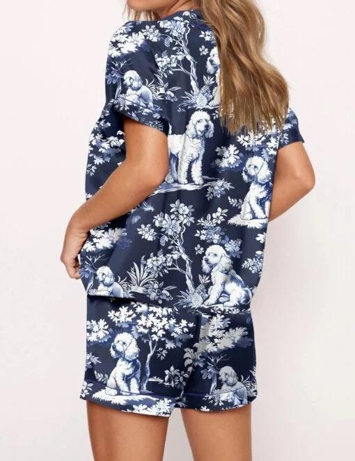 Blue Poodle Dog Silky Satin Pajama Set For Women  Pajamas Set