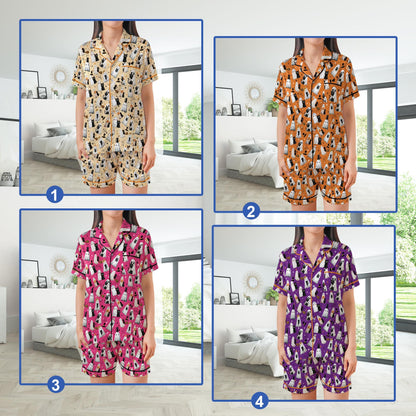 Black Cat Halloween Satin Pajamas Set, Spooky Season Pajama Set, Boo Ghost Cat Lover Sleepwear, Funny Cat Mama Halloween Pajamas Set