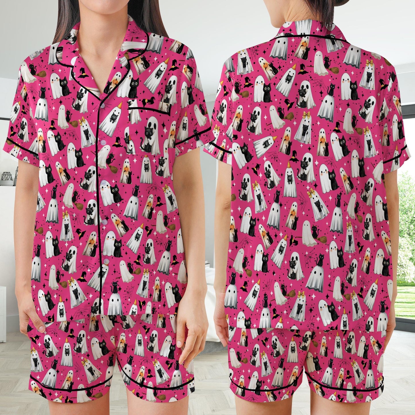 Black Cat Halloween Satin Pajamas Set, Spooky Season Pajama Set, Boo Ghost Cat Lover Sleepwear, Funny Cat Mama Halloween Pajamas Set