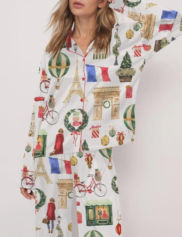 Christmas Paris Satin Pajama Set For Women