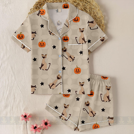 Lady and Tramp Si Am Cat Unisex Satin Pajamas Set, Spooky Season Pajamas , Long Sleeve And Short Styles