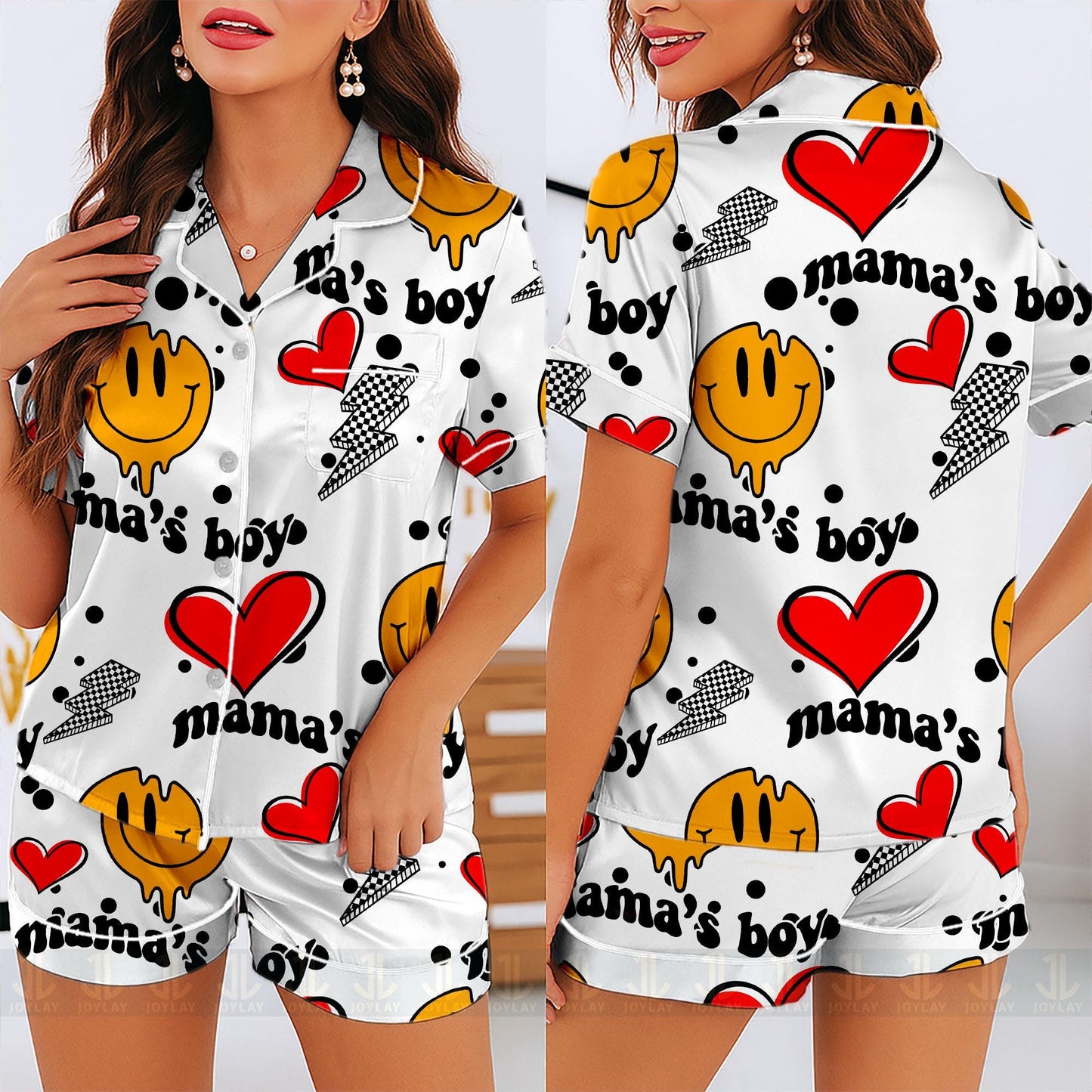 Mama Boy Heart Unisex Satin Pajamas Set, Spooky Season Pajamas , Long Sleeve And Short Styles