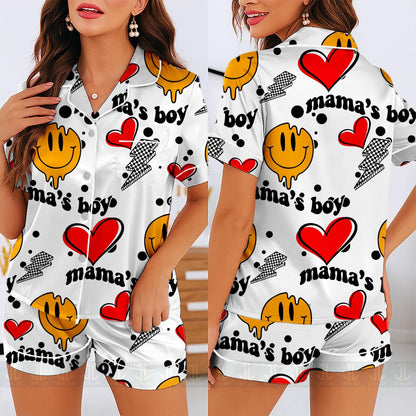 Mama Boy Heart Unisex Satin Pajamas Set, Spooky Season Pajamas , Long Sleeve And Short Styles