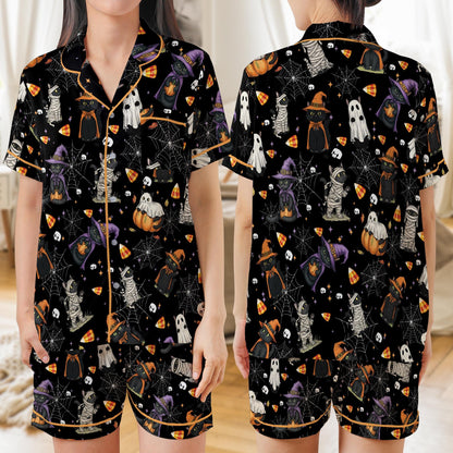 Halloween Cat Pajama Set, Cute Boo Cat Sleepwear, Spooky Black Cat Loungewear, Funny Ghost Mummy Witch Cat PJs, Gothic Halloween Pajamas