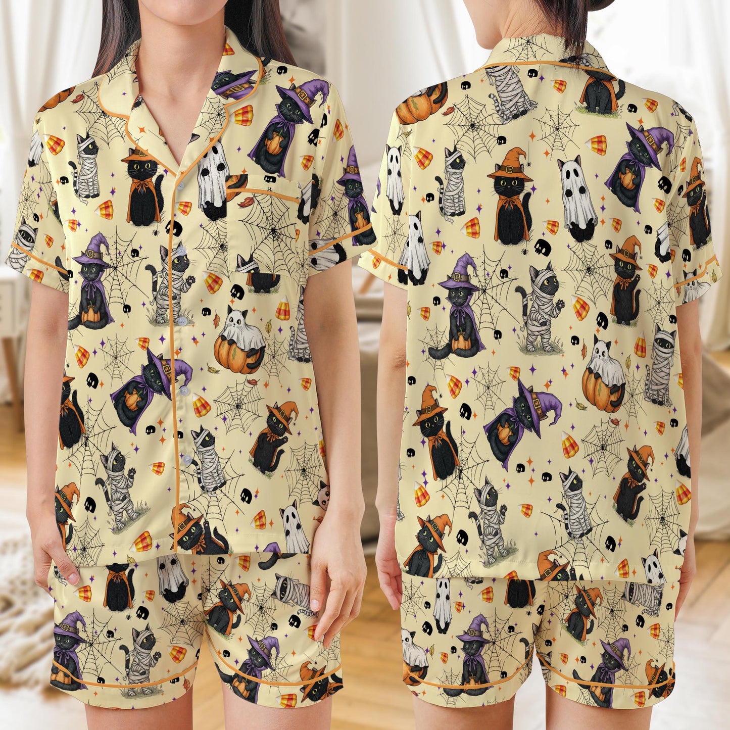 Halloween Cat Pajama Set, Cute Boo Cat Sleepwear, Spooky Black Cat Loungewear, Funny Ghost Mummy Witch Cat PJs, Gothic Halloween Pajamas