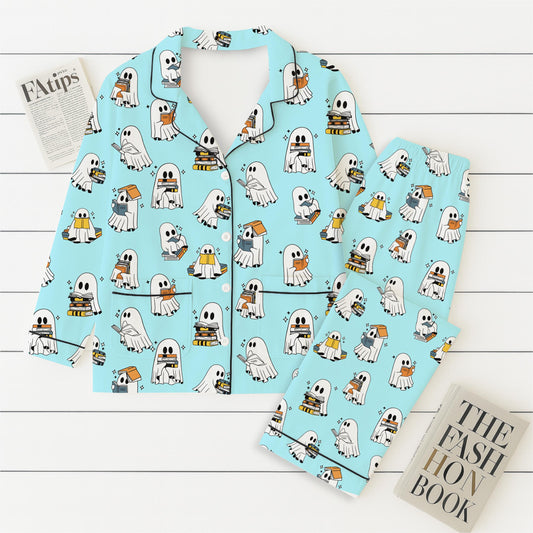 Halloween Ghost Reading Books Pajamas Set, Reading Ghost Sleepwear, Cozy Fall Nightwear, Spooky Season Gift, Bookish Gift, Halloween Gift