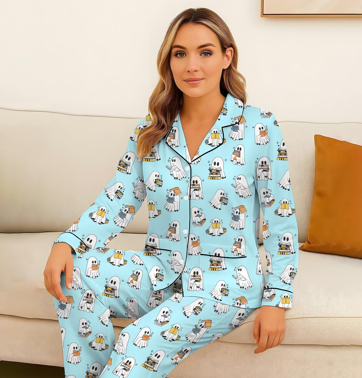Halloween Ghost Reading Books Pajamas Set, Reading Ghost Sleepwear, Cozy Fall Nightwear, Spooky Season Gift, Bookish Gift, Halloween Gift