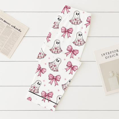 Halloween Pink Ghost And Bow Pajamas Set, Floral Ghost Sleepwear, Cute Boo Homewear, Cozy Loungewear, Coquette Ghost With Bow Pjs
