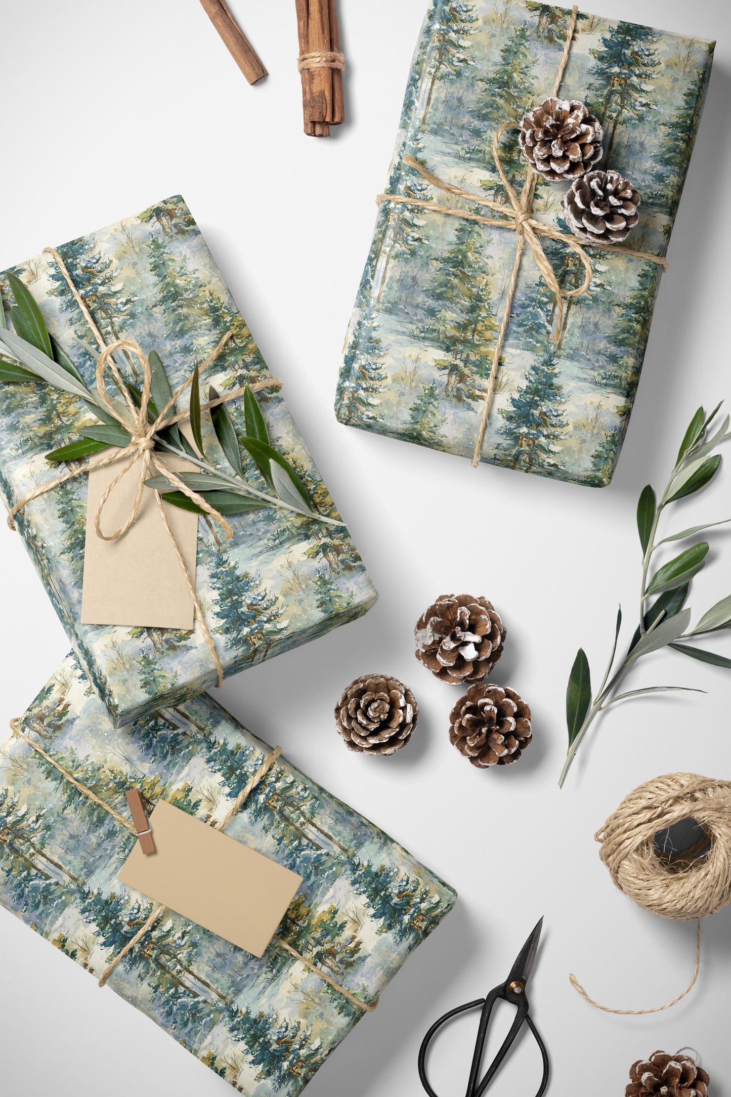 Christmas Tree and Pinecone Wrapping Paper Roll, Rustic Winter Gift Wrap for Seasonal Gifting #27