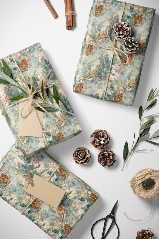 Christmas Wrapping Paper with Winter Trees and Pinecones, Forest Gift Wrap for Rustic Decor #20