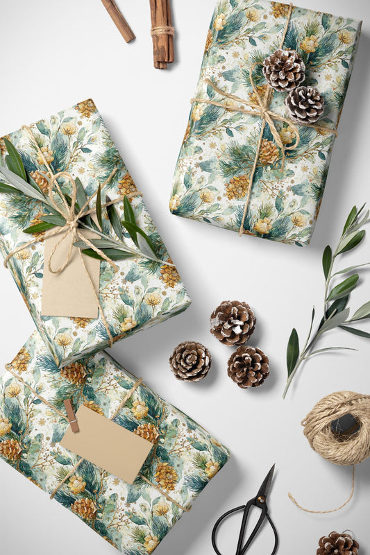 Evergreen Tree Wrapping Paper Roll, Pinecone Christmas Gift Wrap for Woodland Winter Packaging #19