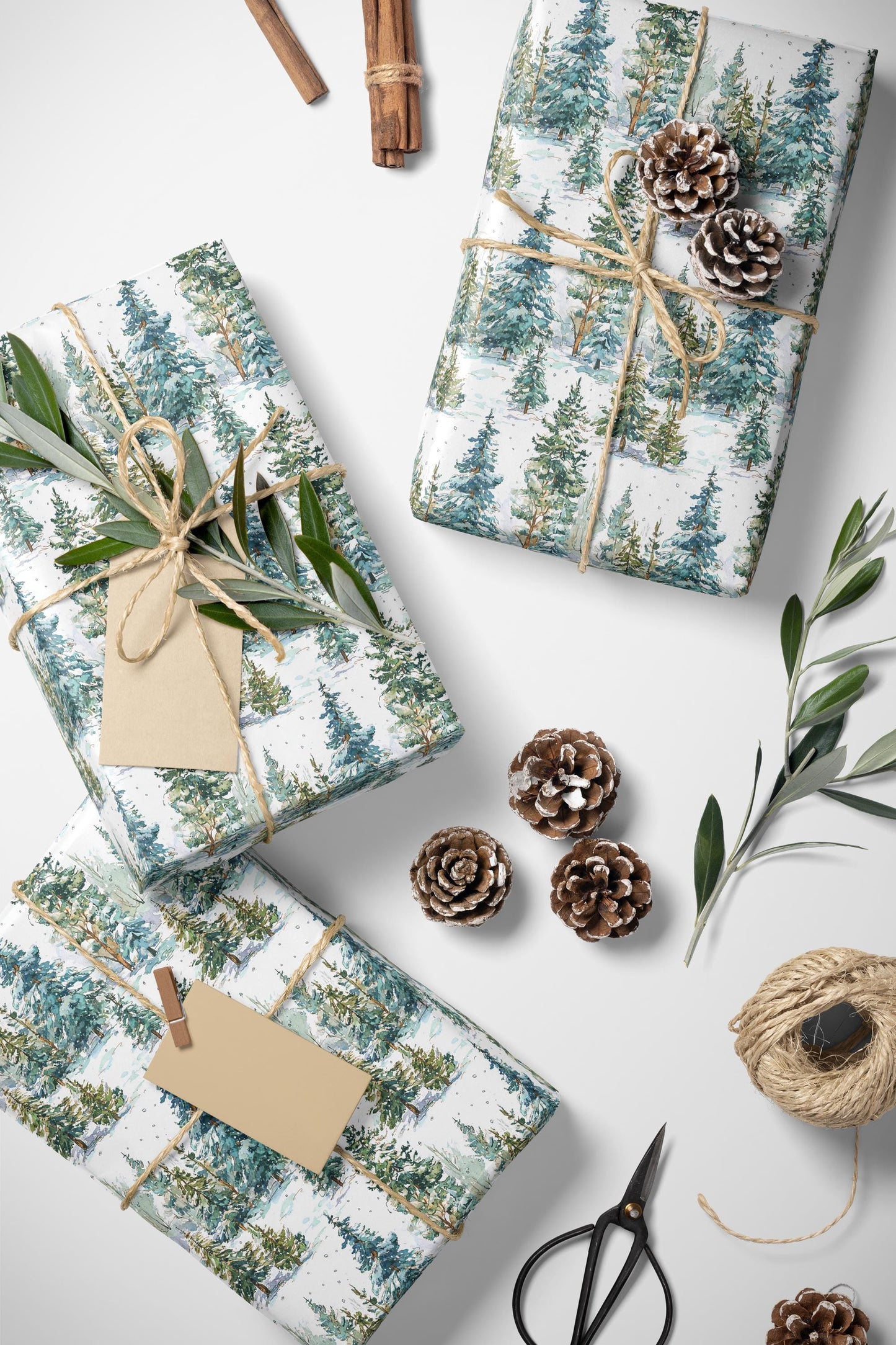 Christmas Forest Wrapping Paper Roll, Winter Tree and Pinecone Gift Wrap for Rustic Holiday Gifts #23