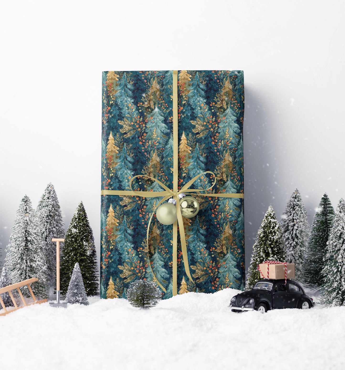 Pinecone Winter Wrapping Paper Roll, Forest Christmas Gift Wrap with Evergreen and Snowy Trees #25