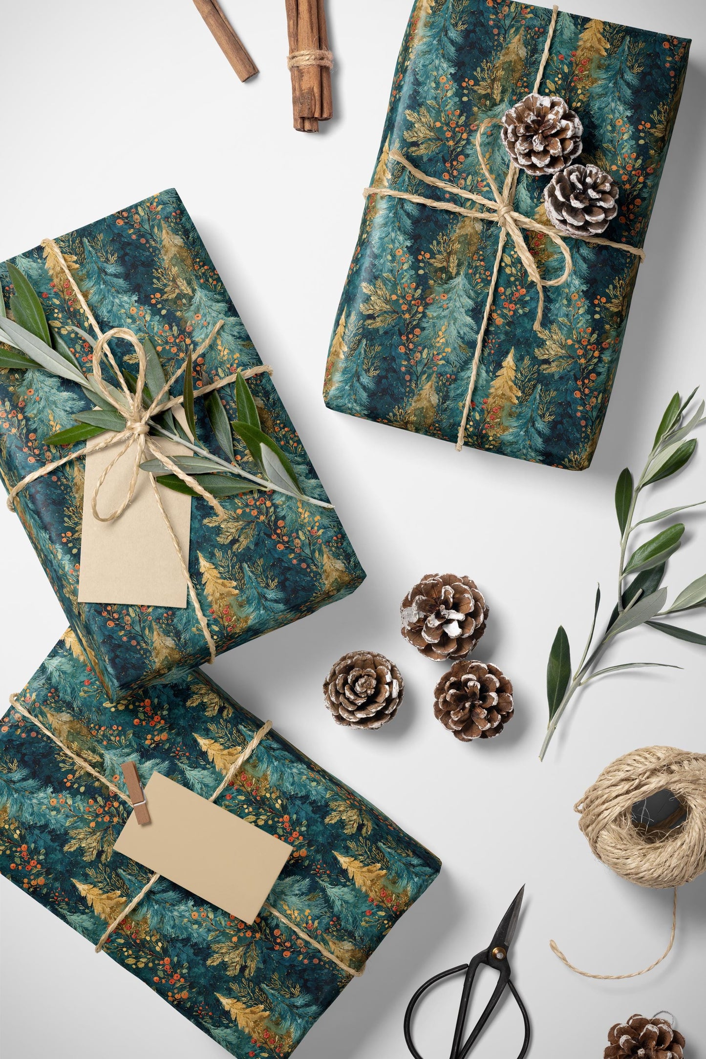 Pinecone Winter Wrapping Paper Roll, Forest Christmas Gift Wrap with Evergreen and Snowy Trees #25
