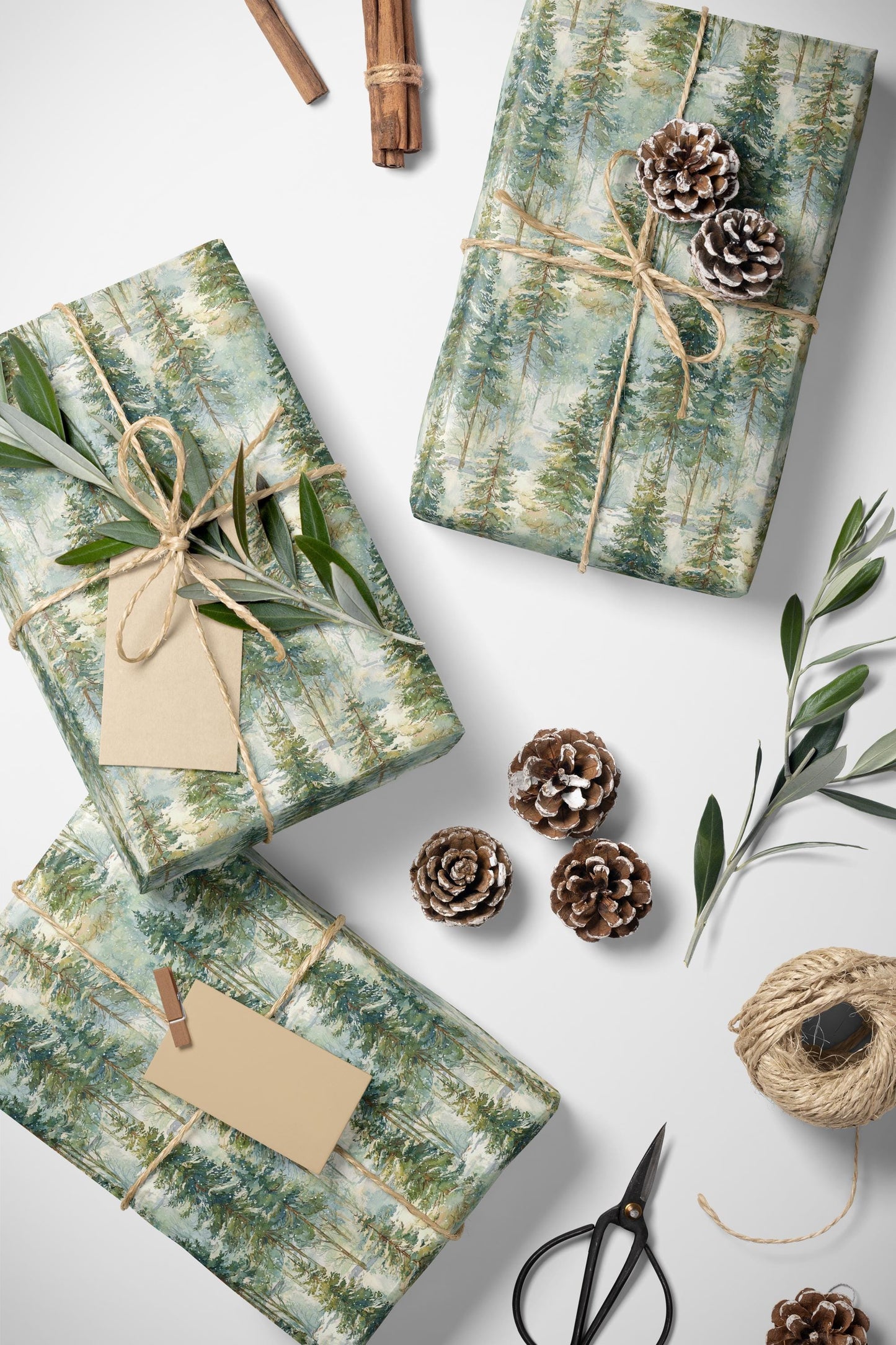 Woodland Christmas Wrapping Paper Roll, Pine Tree and Pinecone Gift Wrap for Winter Holidays #28