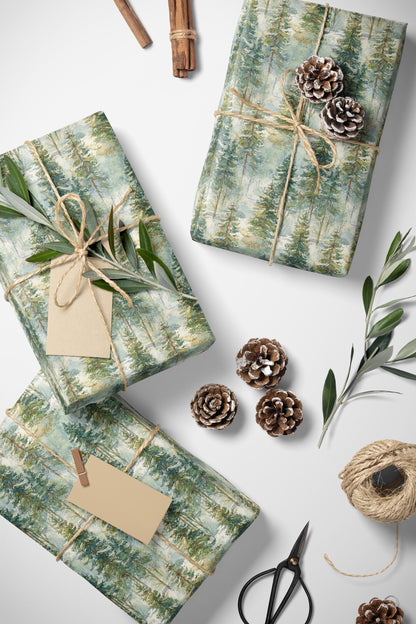 Woodland Christmas Wrapping Paper Roll, Pine Tree and Pinecone Gift Wrap for Winter Holidays #28