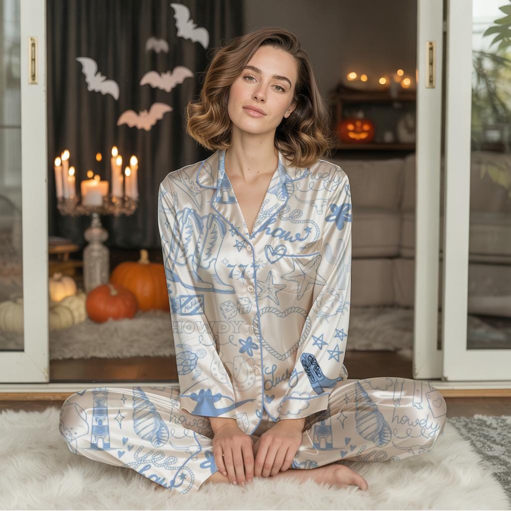 Blue Coquette Cow Girl Pajamas Set, Trendy Pajama Set, Summer Pajama Set, Howdy Pajama Set, Beach Cow Girl Set, Western Boho Pajama Set  Pajamas Set